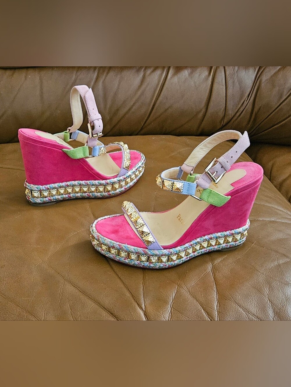 Christian Louboutin Cataclou Multicolor Suede  Gold-Studded Wedges Size 5 US